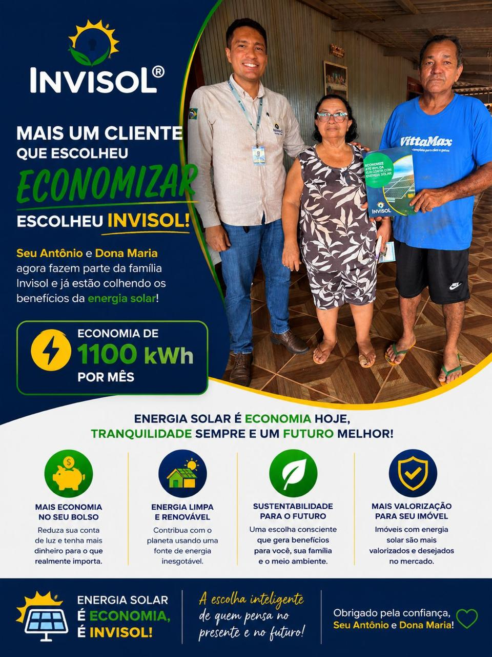 Cliente InviSol Seu Antônio e Dona Maria com economia de 1.100 kWh/mês