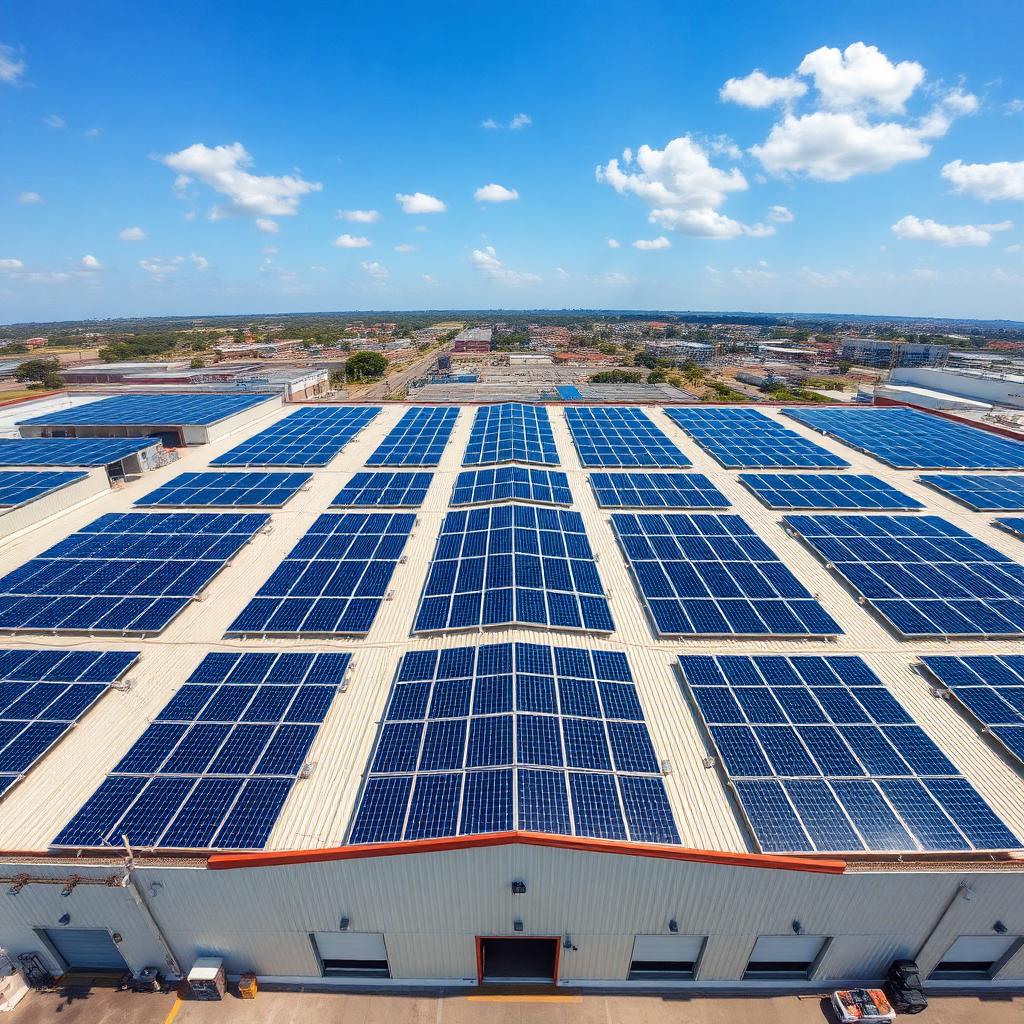 Telhado de galpão comercial coberto por fileiras de painéis solares