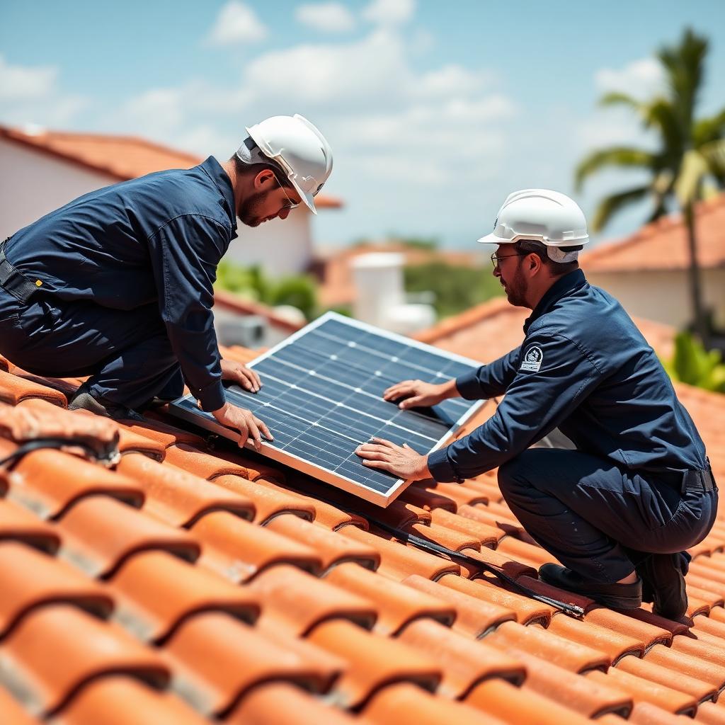 Técnicos da InviSol instalando painel solar no telhado de uma casa