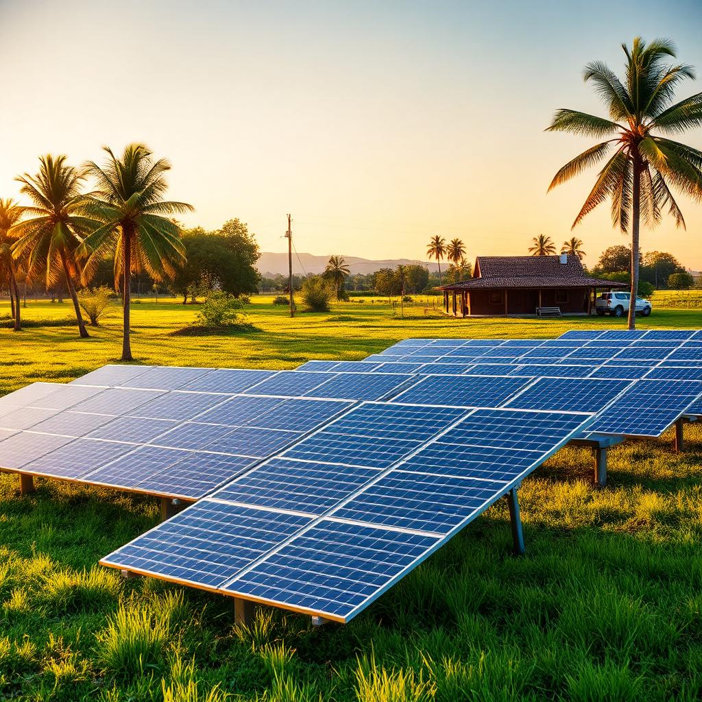 Usina solar instalada no solo de uma fazenda com palmeiras ao entardecer